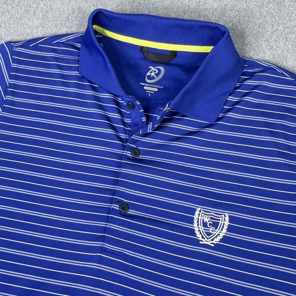 Zero Restriction Polo Shirt Mens Sz L Blue Striped Casual Short Sleeve Golf LOGO